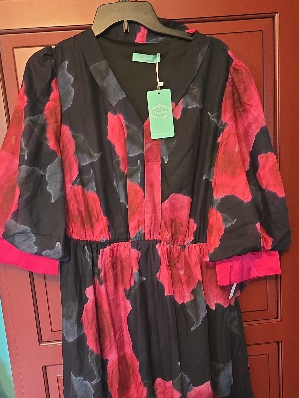 toleen Black Dress with Bold Pink-Red Floral Print